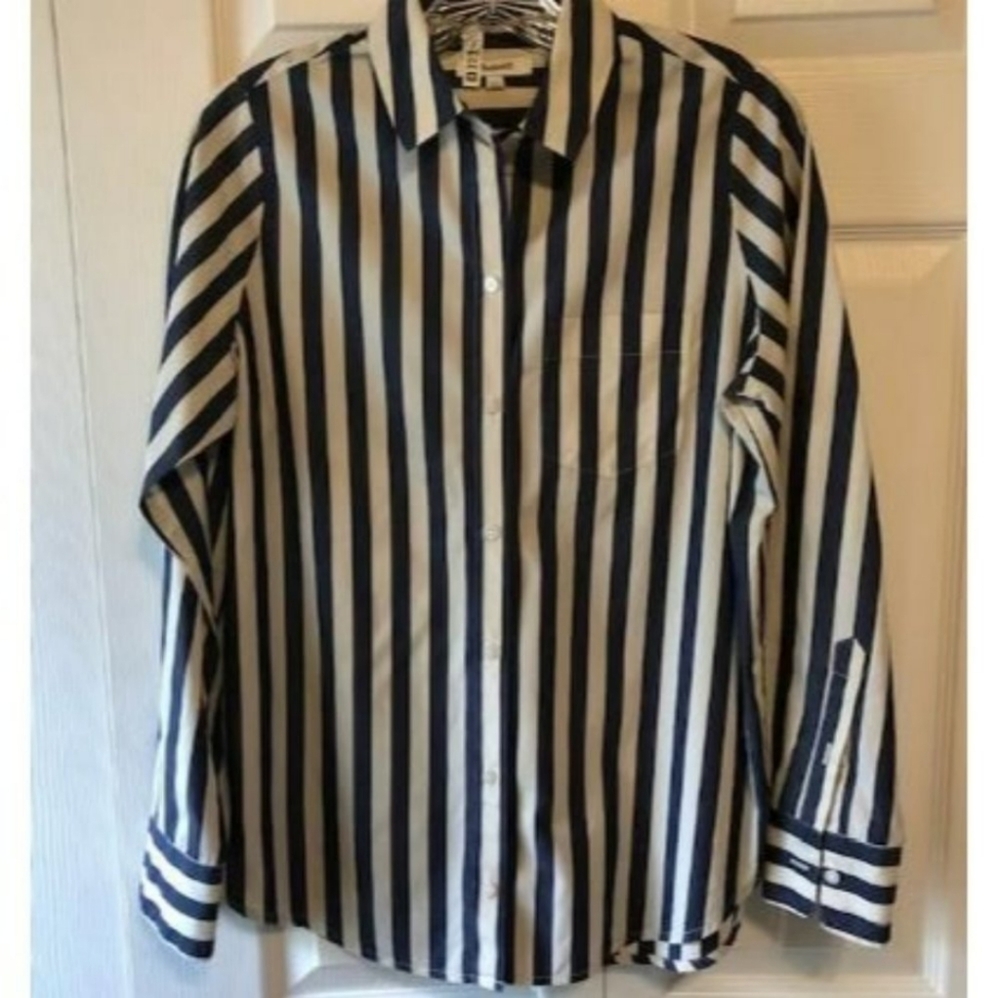 Madewell Cotton Striped Blue and White Long Sleeve Button Up Shirt